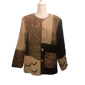 INDIGO MOON Sz 1X Women's Black &Beige Chenille Brocade Patterned Cheetah Jacket
